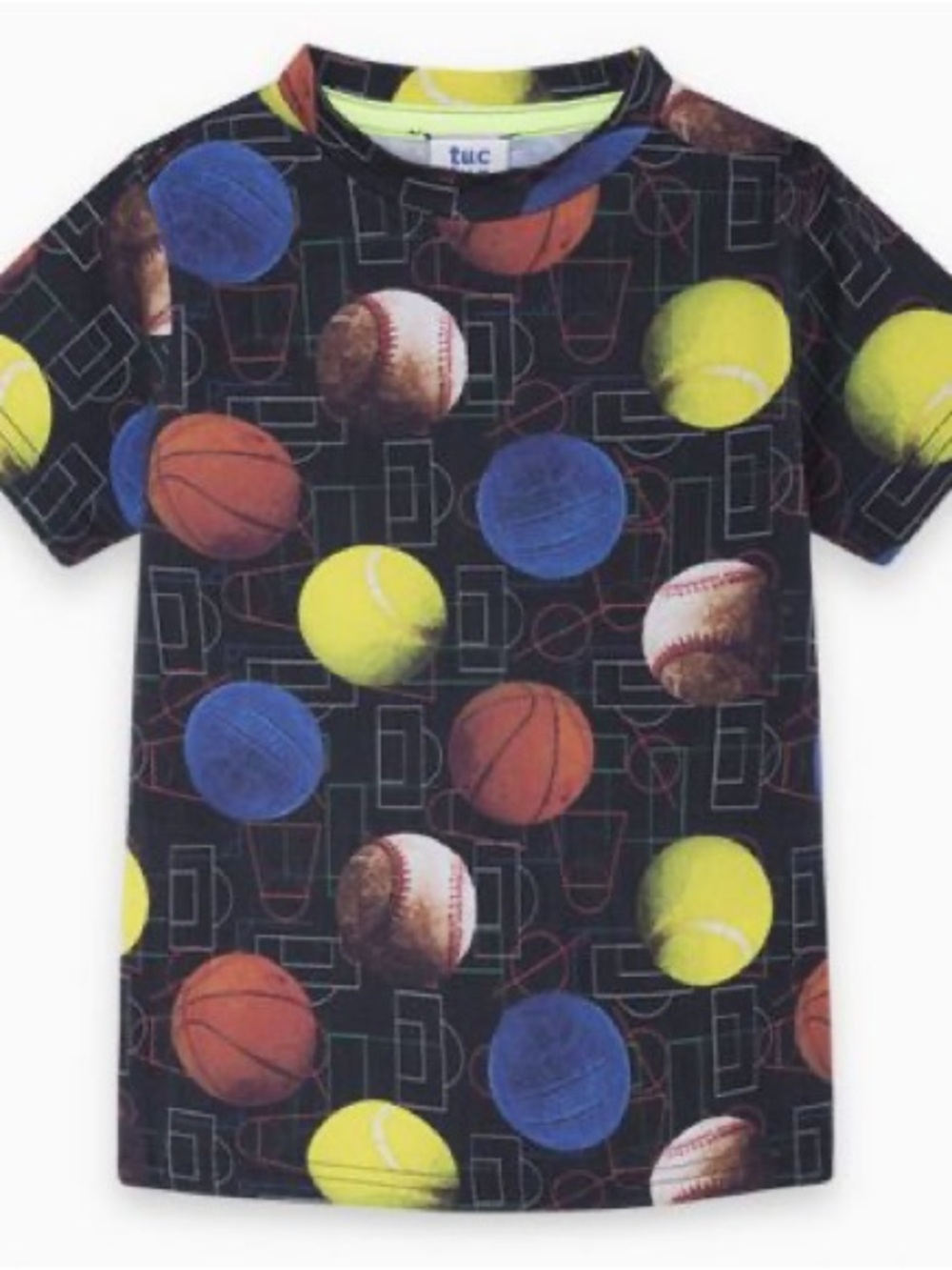 Tuc Sports Ball Print Short Sleeve Tee - Black with Yellow, Blue & Orange